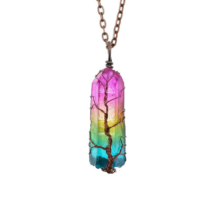 Stone Crystal Pillar Tree Of Life Pendant Locket Rainbow Color