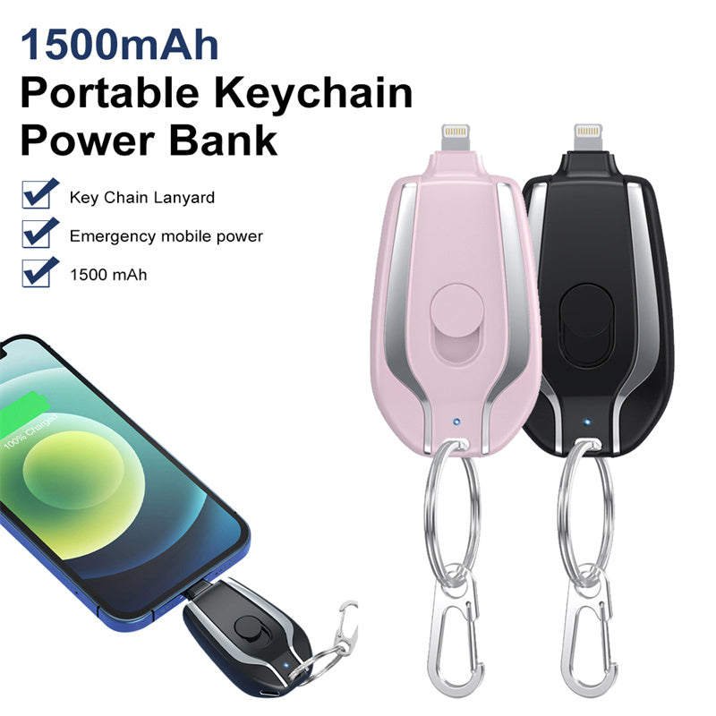 1500mAh Mini Power Bank Emergency Pod Keychain Charger With Type-C & iPhone support Ultra-Compact Mini Battery Pack Fast Charging Backup iPhone Supported